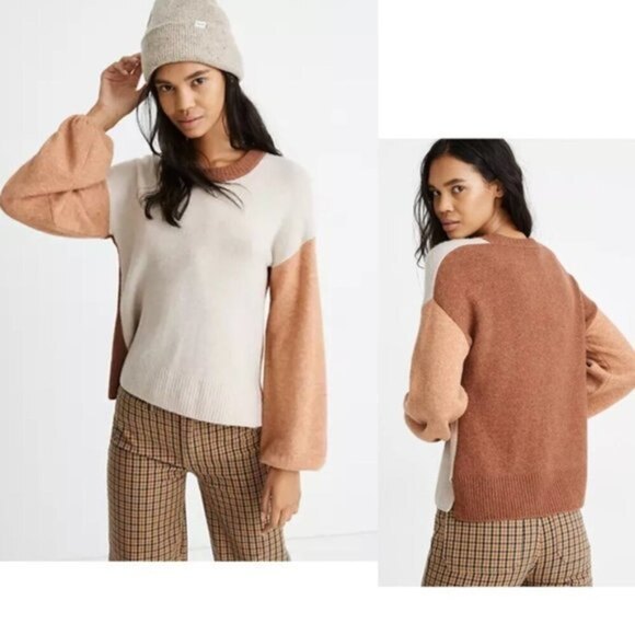 Madewell Colorblock Balloon Sleeve Pullover Crew Neck Knit Sweater (NWT) - Picture 1 of 6